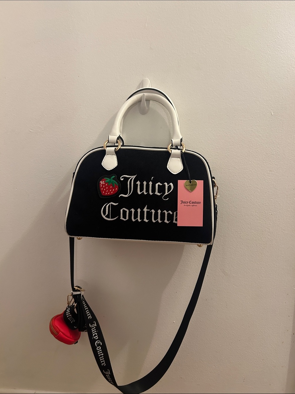 Juicy Couture Black and White Dome Satchel with Strawberry Patch